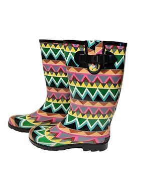 Corkys Shoes Women's Sunshine Multi Color Chevron Print Rain Boots Size 10
